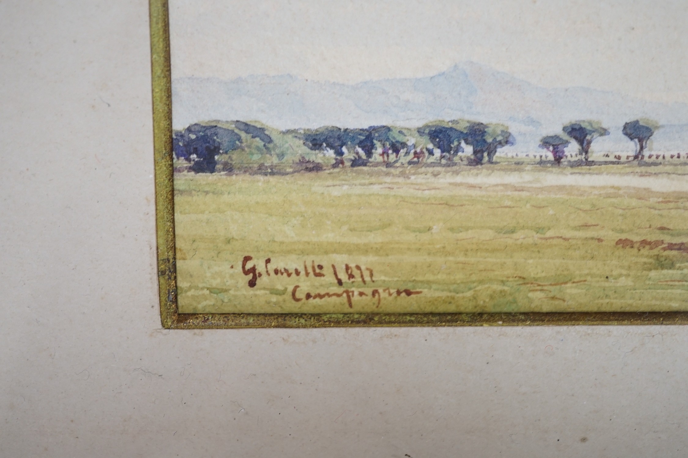 Gabrielle Carelli (Italian, 1820-1900), watercolour, ‘Campagna’, signed and dated 1872, 8 x 36cm